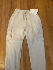 Zara NWT Elastic Waist  Tie High Rise Cargo Joggers Sweats Size S Ivory/Ecru