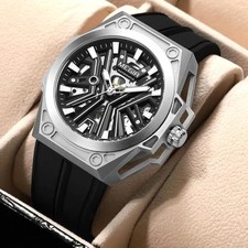 47MM MEGIR Automatic Skeleton Watch Mens Luxu...