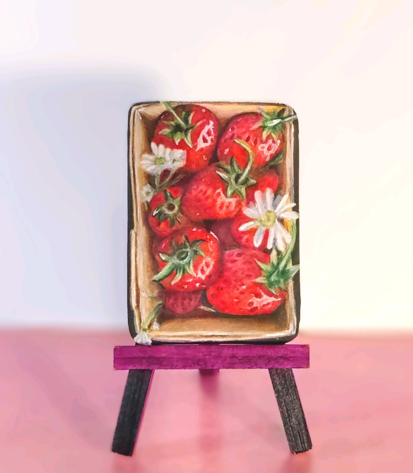 ACEO Original Art Vibrant Fruit Strawberries And Flowers Miniature Illustration