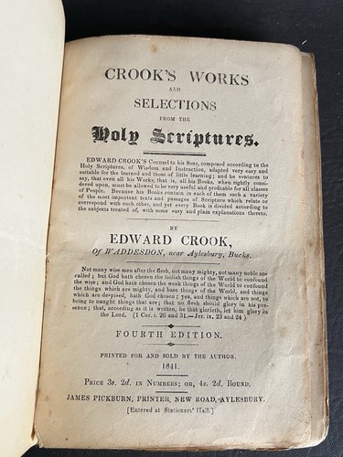 Rare 1841 Crook’s Works & Selections From The Holy Scriptures Aylesbury England - Foto 2 di 16