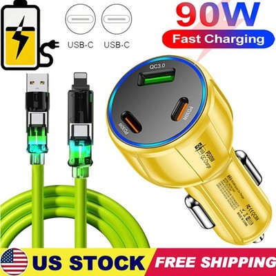90W PD USB-C Fast Charging Car Charger Adapter For Samsung iPhone Android Phone