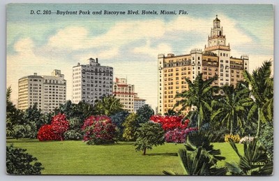Vintage Linen Postcard Bayfront Park & Biscayne Blvd Hotels Miami FL