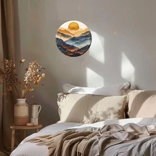 Serene Mountains Golden Sunset Round Metal Wall Art Landscape