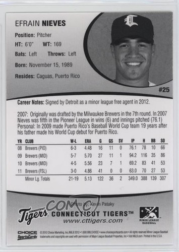 2012 Choice Connecticut Tigers Efrain Nieves #25 - Picture 2 of 4