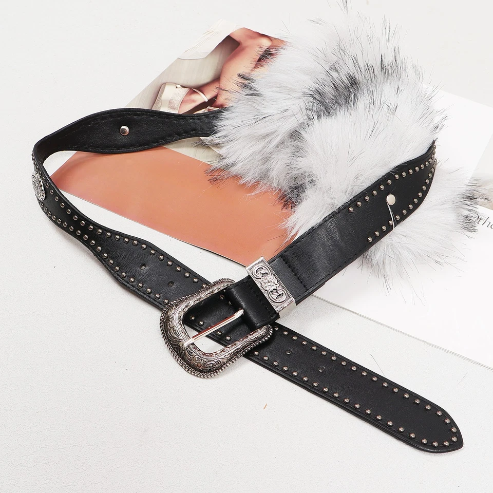 Cinturón de felpa peluda para mujer Cinturón de cuero para damas Accesorio de invierno para mujer Foto 4 de 4