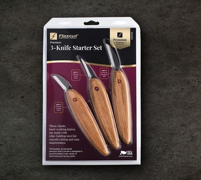 Flexcut Premium Knife Starter Set 1095 Carbon Steel Blades Cherry Wood Handles
