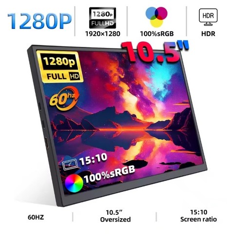 1280P Portable Monitor 10.5-Inch sRGB 15:10 Low Blue Light xBox PS4 PS5 Laptop - Picture 1 of 6