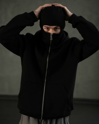 Ninja hoodie full Zip up hoodie Balaclava Hoodie Black + Gray
