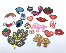 Assorted Lot Of 21 Iron On Patches Mushroom Heart Pop Corn Kiss Rainbow Owl