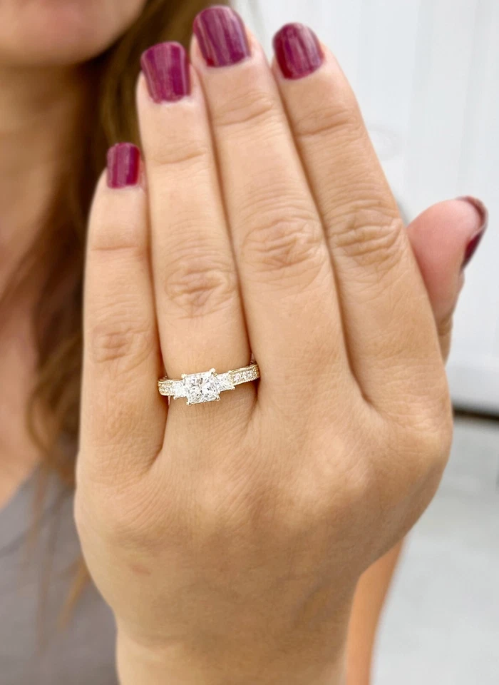 Princess Diamond Engagement Ring Three Stone IGI Certified 14k Yellow Gold 1.60 - Image 4 of 4