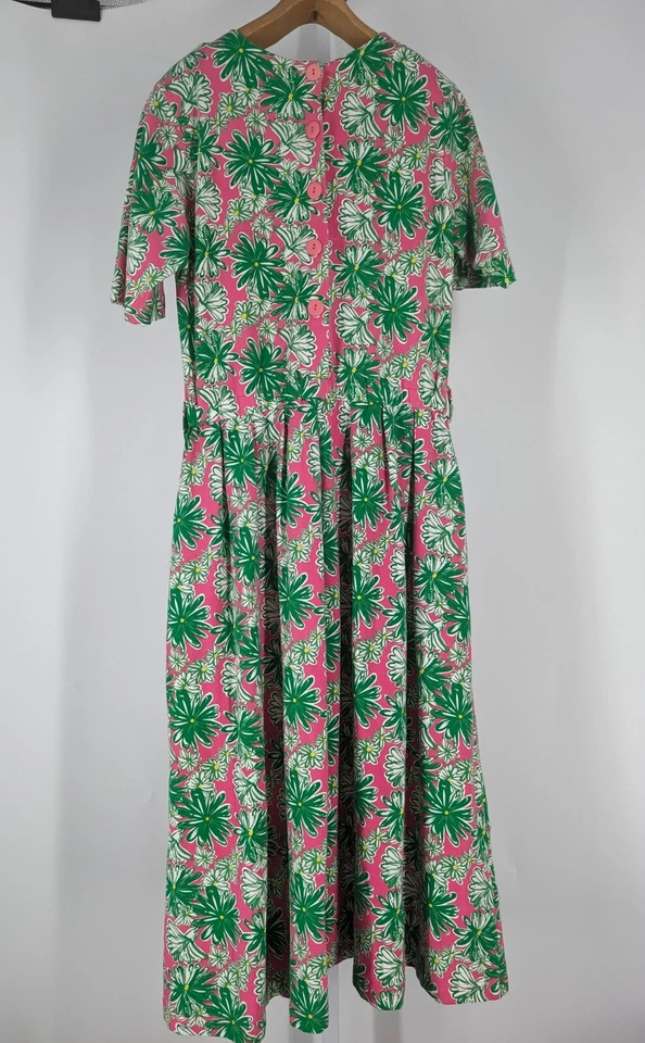 Vestido Lilly Pulitzer Vintage Anos 80 Anos 90 Verde Rosa Floral Algodão Elastano AOP Grande - Imagem 2 de 4