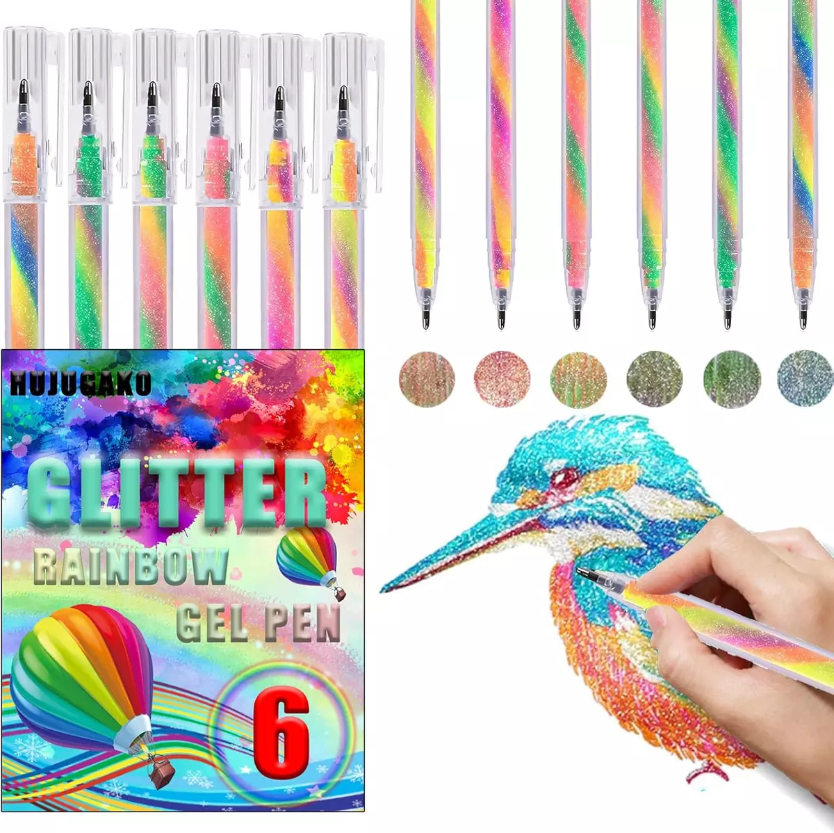 Rainbow Gel Pens, 6 Colored Glitter Mixing of 3 Colors Magic Pens,150% More  Ink