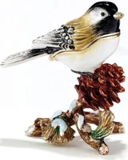 Chickadee on Pinecone Trinket Box, jeweled, enameled, Beautiful, NIB