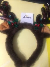 CLAIRE BROWN PLUSH REINDEER HEADBAND NEW WITH HOLLY & SMALL ORNAMENTS NEW