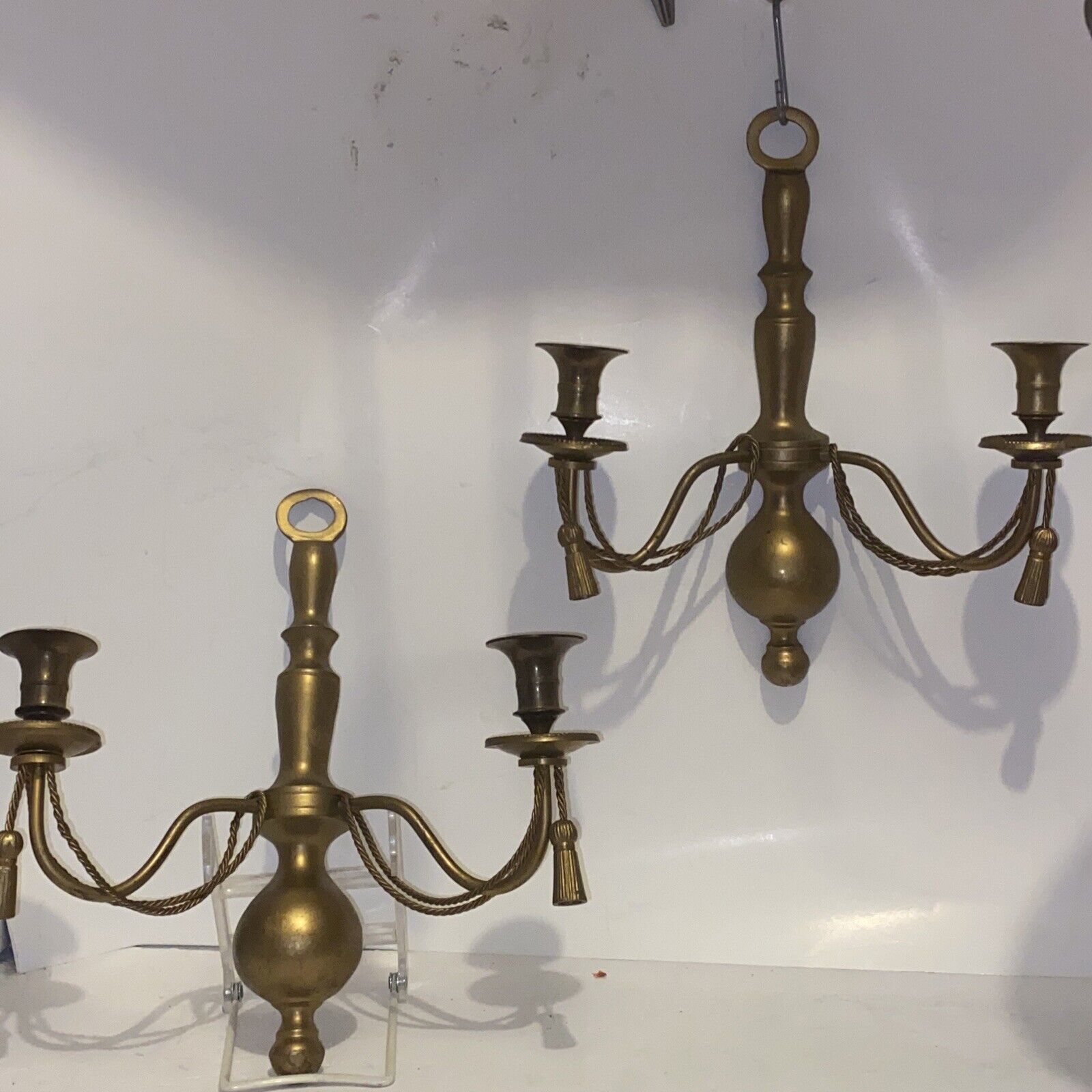 Vintage Pair BRASS DOUBLE ARM CANDLE HOLDERS  WALL SCONCES Rope Tassels Measure