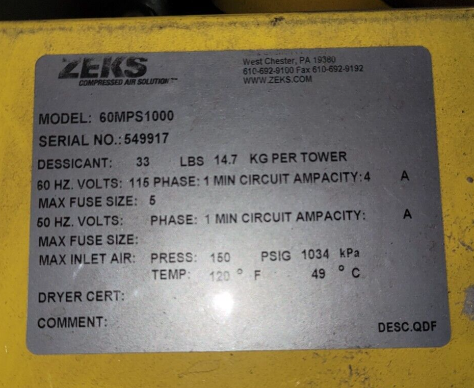 T167066 Zeks Hydronix 60MPS1000 Heatless Purge Desiccant Air Dryer for