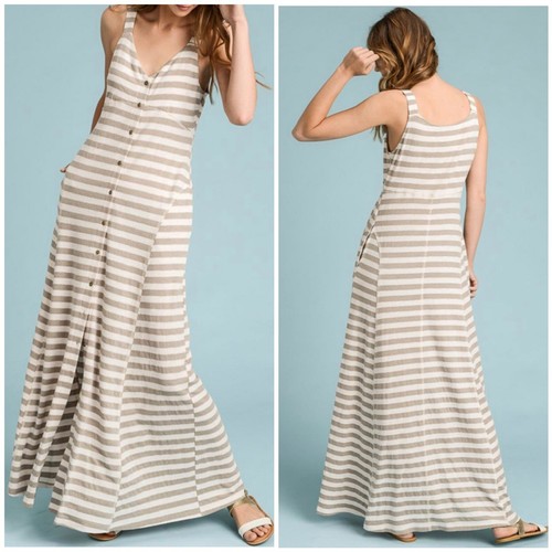 Doe \u0026 Rae Stripe Taupe Maxi Dress Large 