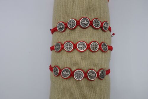 x12 red string macrame bracelet St Benito medals rhodium plated - Picture 1 of 10