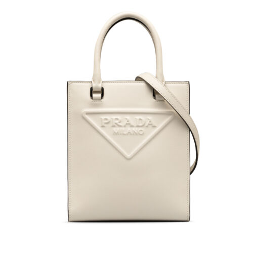 Authenticated Prada Mini Logo Drill White Calf Leather Satchel - 第 1/9 張圖片