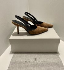 BRUNELLO CUCINELLI MONOLI TAUPE SUEDE LEATHER SLINGBACK PUMPS HEELS SIZE 38