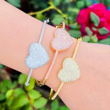 Fashion Silver Plated Pave Setting CZ Pink Heart Charm Women Engagement Bangle 