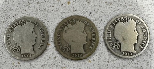 Barber Dimes 1912 & 1913 Circulated Lot of 3, Denver Mint, Silver