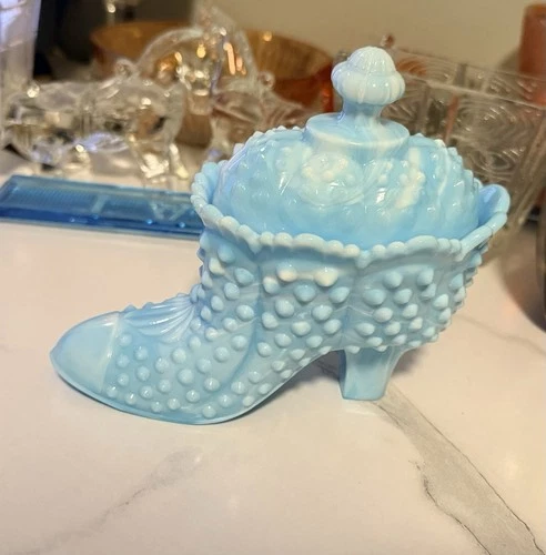 Vintage Blue Milk Glass Hobnail Victorian Shoe Slipper Covered Trinket Dish