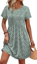 Tropical Leaf Dress Short Sleeve Empire Waist Pockets Casual Summer Black