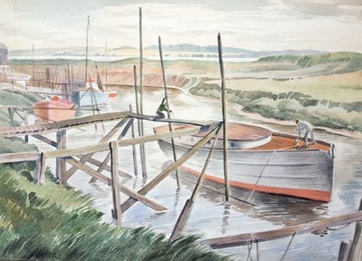 Thomas Stultiens (1903 1965) Aquarellfiguren arbeiten auf einem Boot in Mündung.