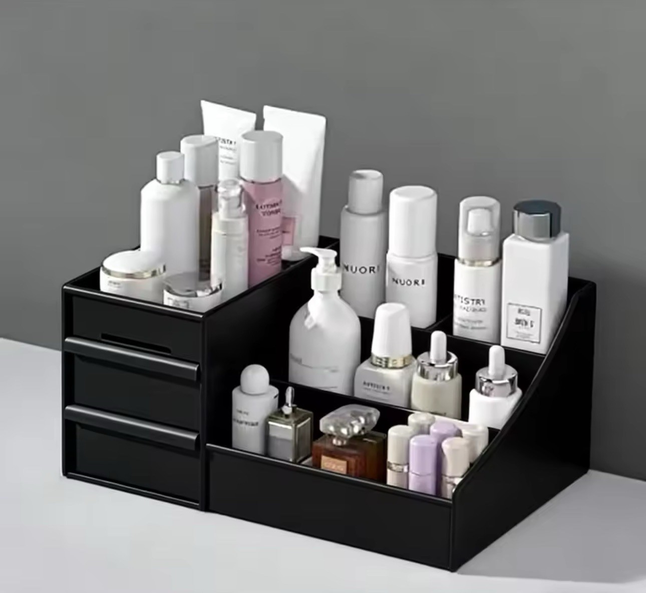 Rangement maquillage noir polyvalent et organisateur de bureau à tiroirs compact