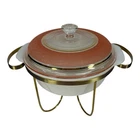 Vtg Fire King Milk Glass 1.5 Qt Casserole Dish w/ Gold & Pink Textured Lid Stand