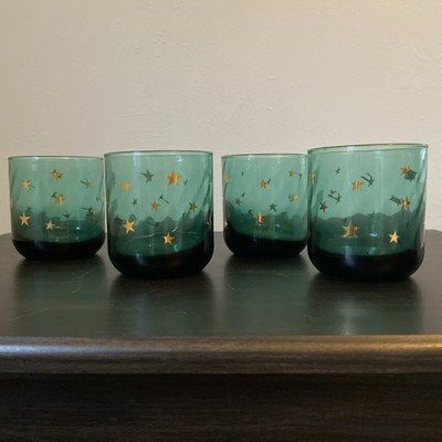 VTG MCM Libbey Juniper Green Celestial Gold Stars Lowball Rocks Glasses 12 oz