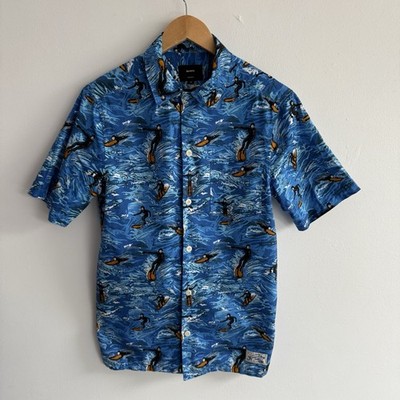 Finisterre Kernowaii Kurzarm Hemd Herren XS Extra Small Blau Surfer Print