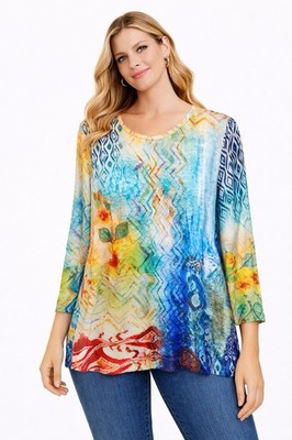 Ali Miles $74 Top 1X Chic Blouse Blue Orange Geometric Floral Clear Beads Tunic