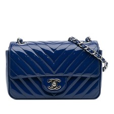 Authenticated Chanel Mini Rectangular Classic Chevron Patent Single Flap Blue