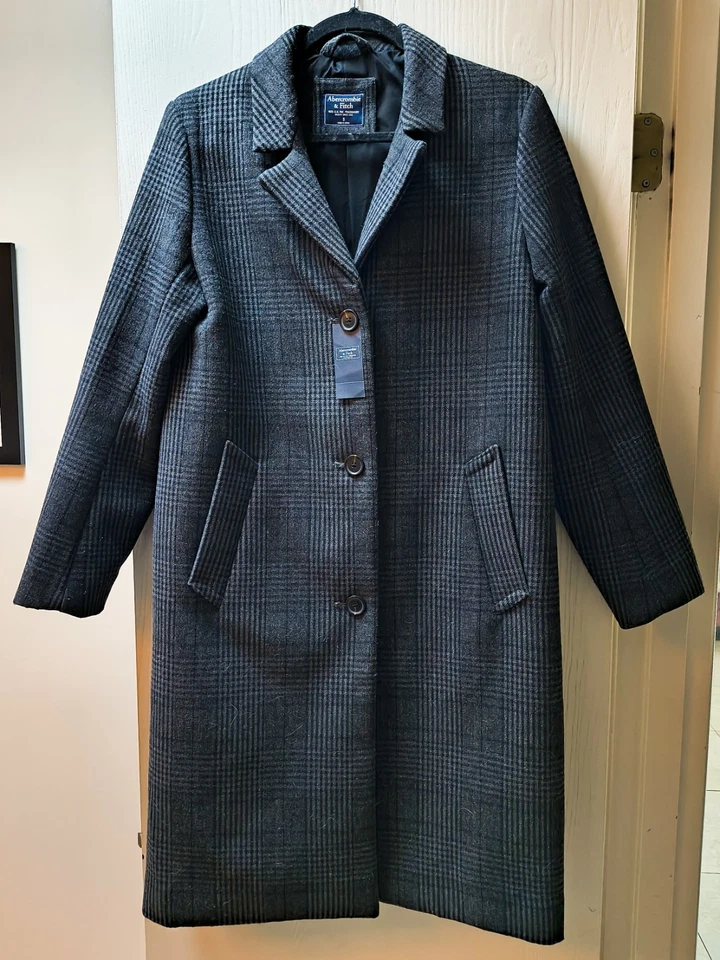 $220 Small Tall ABERCROMBIE & FITCH Wool Coat Grey/Black Plaid Pea Coat 3-Button - Image 3 of 4