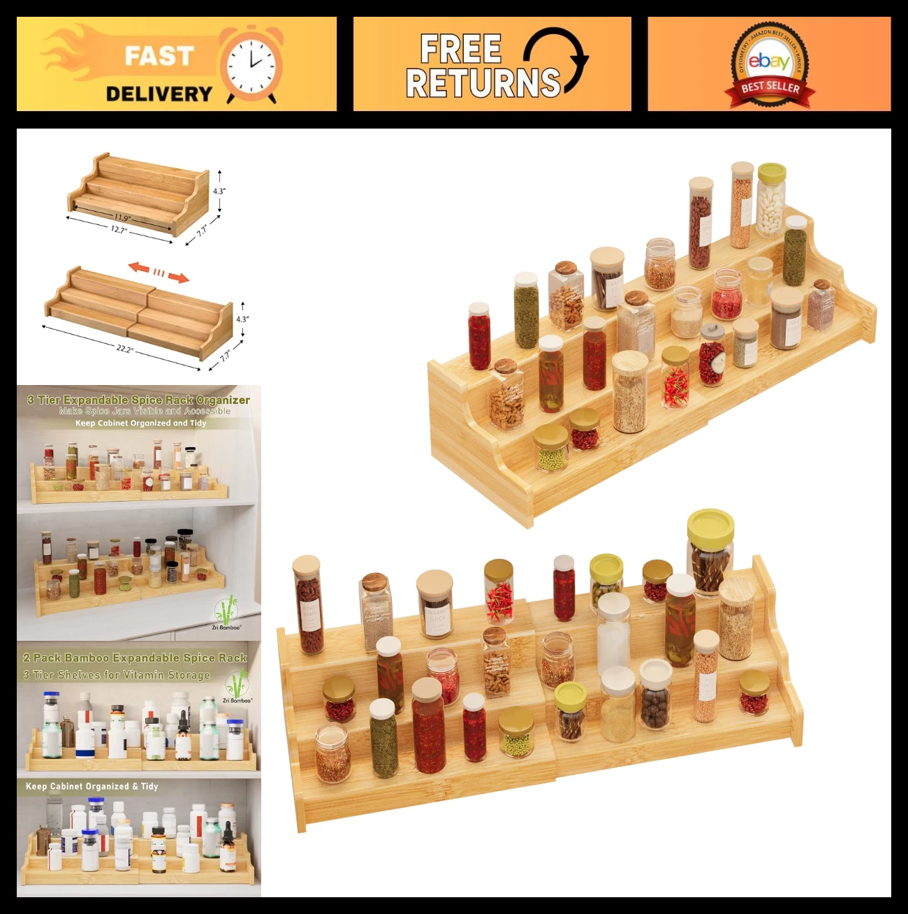 2 Pack Bamboo Spice Rack Organizer - 3 Tier Expandable Shelf for Kitchen Storage