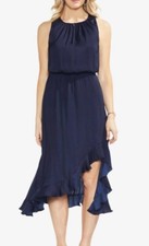 Vince Camuto Saphire Bloom Satin MIDI Dress Size 3X Classic Navy Blue