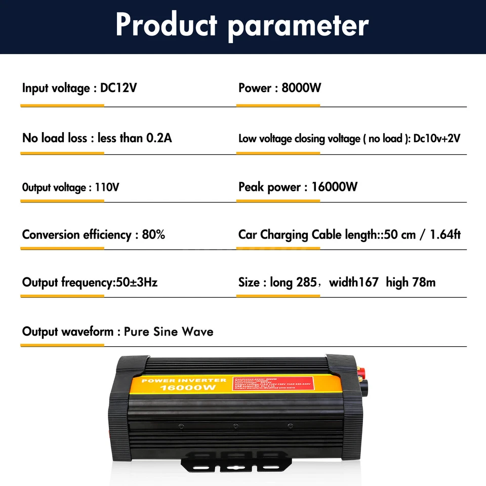 Инвертор мощности Pure Sine 16000 Вт 6000 Вт 5000 Вт постоянный ток 12 В переменный ток 110 В цифровой преобразователь - Изображение 2 из 4