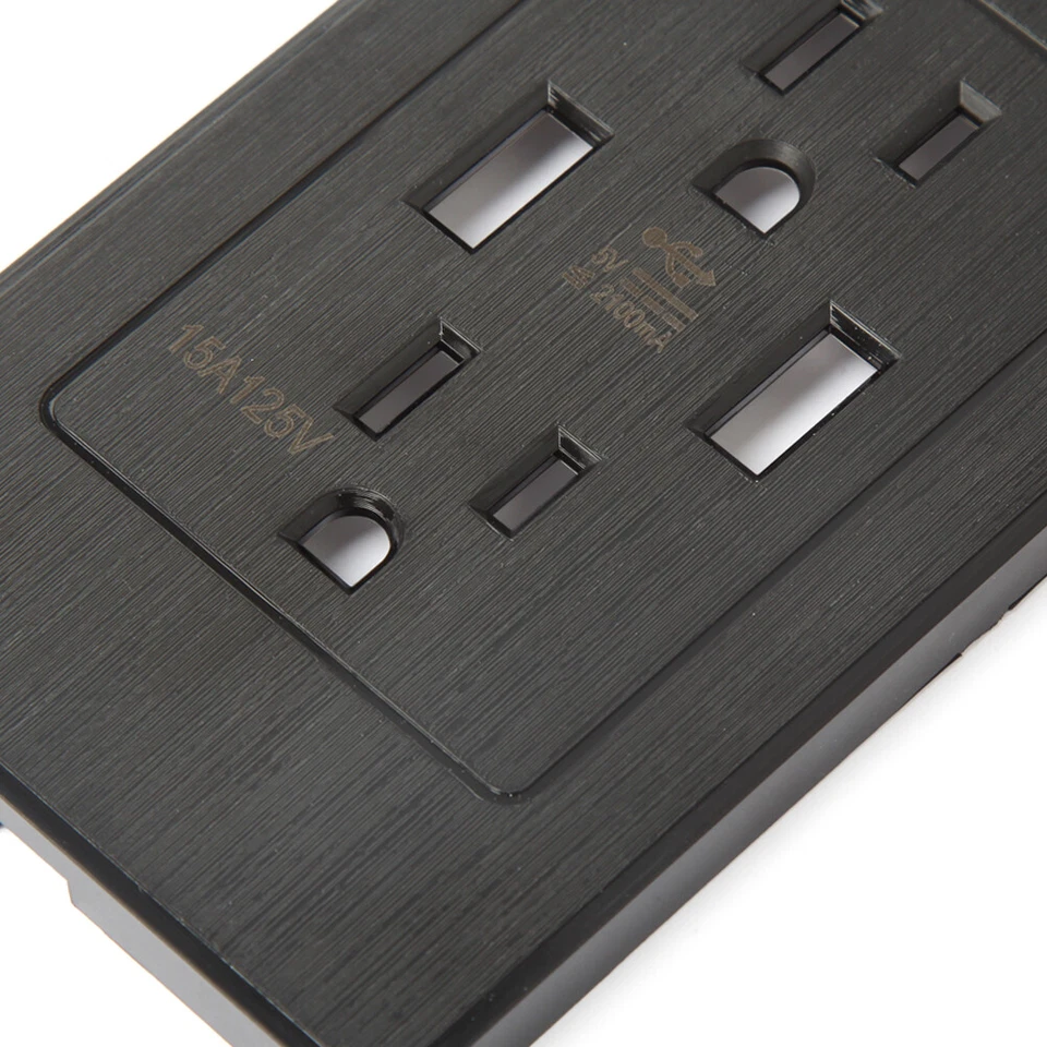 15A 110V Dual USB Socket Multi-function Black Brushed Wall Outlet US LOT - Image 3 of 4