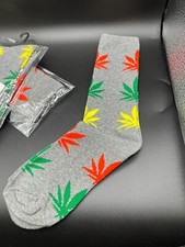 x3 Pairs Men Sports Leaf Weed Marijuana Gray Rasta Crew Cotton Long Socks
