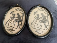 Pair Vintage Framed Stitched Needlework Oval Frames