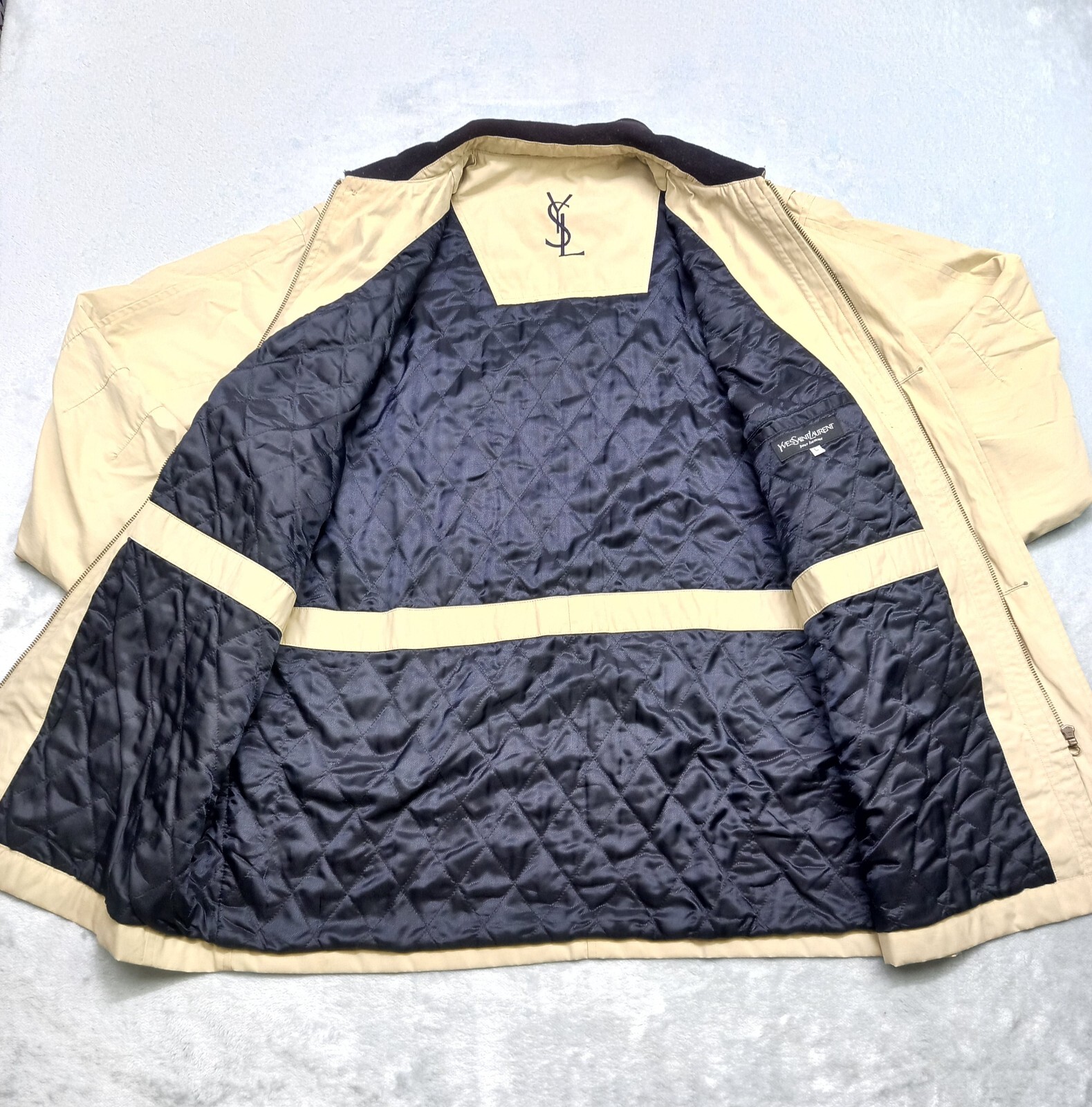 Giacca Cappotto Vintage Yves Saint Laurent Cotone Cappotto Fodera Morbida Beige Taglia L