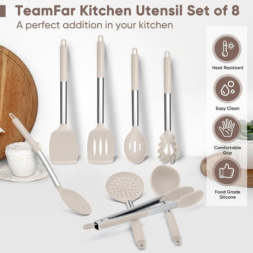 8pc Silicone Kitchen Utensils w/Stainless Handle,Nonstick&Dishwasher Safe-Khaki - Picture 7 of 7