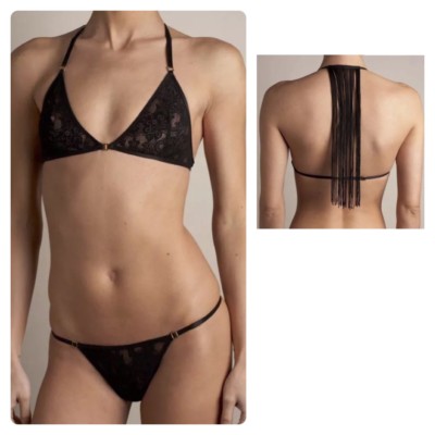 NWT Carol Malony S M L On The Fringes Soft Cup Bra Set - Black Lace - Made USA