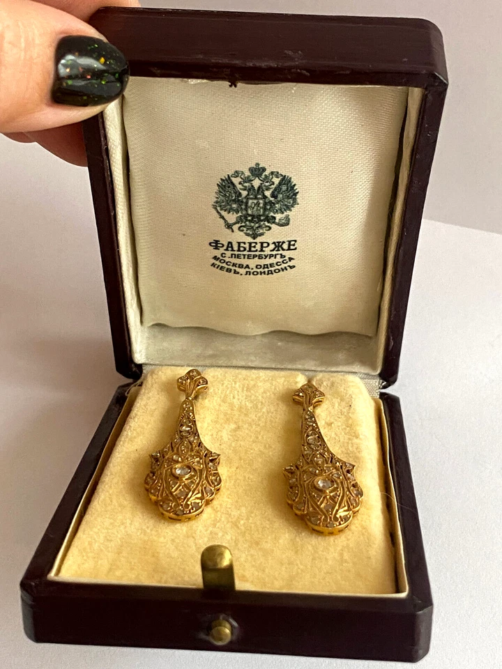 Pendientes antiguos raros Fabergé KF de oro macizo de 18 k 74 diamantes para dama de autor Foto 2 de 4