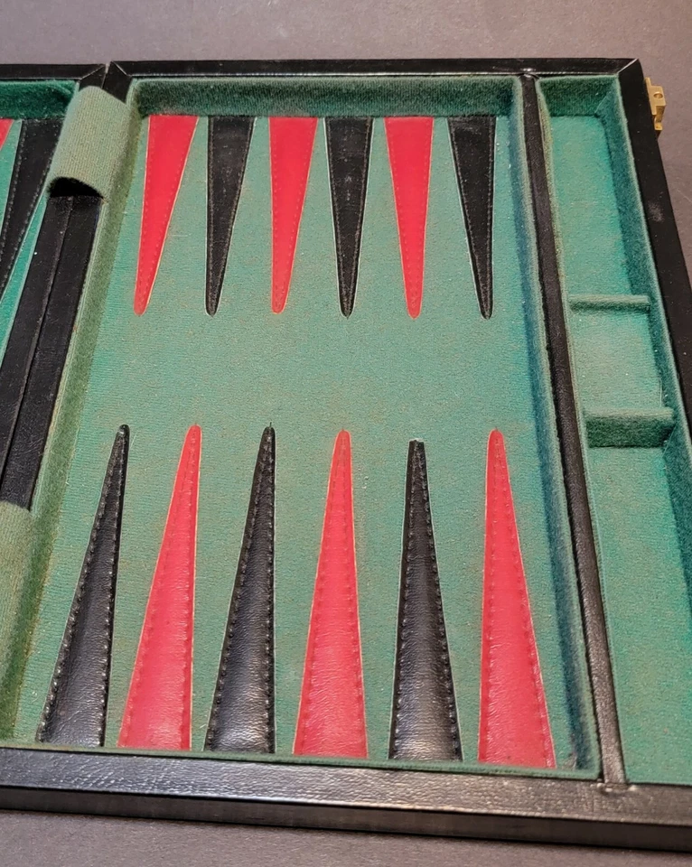Vintage Backgammon Set Wooden Stones Leather & Felt - Image 3 of 4