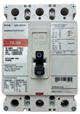 Cutler-Hammer FD3050 50 Amp 600 Vac 3 Pole FD 35k Circuit Breaker FD3050VSH09