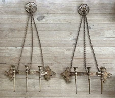 2- Syroco Gold Triple Candle Wall Sconces Gothic Castle Hollywood Regency #5230