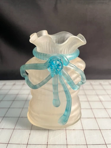 Frosted Satin Powder Glass Vase with Blue Ribbon - Possibly Fenton?
